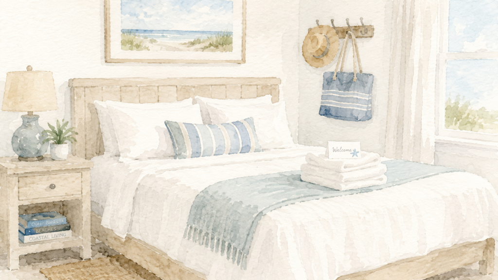 Guest-ready vacation rental bedroom with fresh bedding, folded towels, and coastal decor