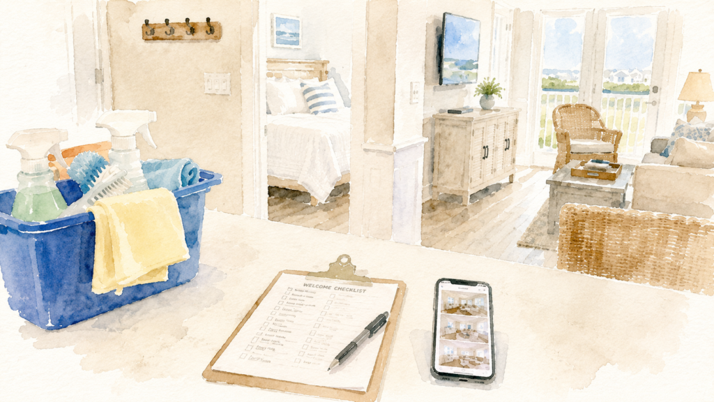 Guest-ready vacation rental final check with cleaning supplies, checklist, and photo report