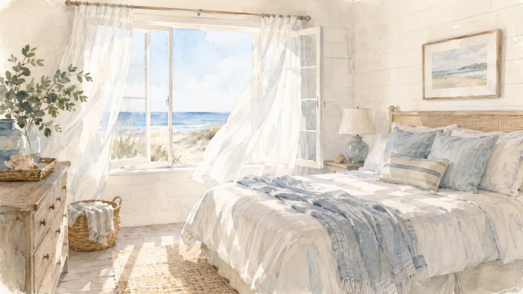 Outer Banks second home bedroom being aired out with open windows and fresh coastal air
