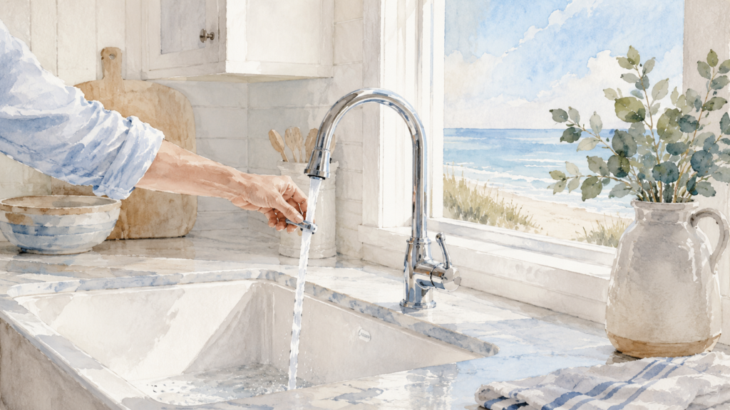 Running the kitchen faucet in an Outer Banks second home after the house has been sitting empty