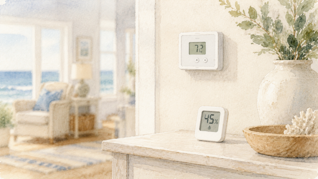 Checking temperature and indoor humidity in an Outer Banks second home before arrival
