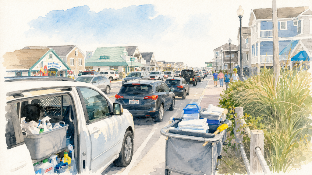 Outer Banks summer traffic during vacation rental turnover day near the beach