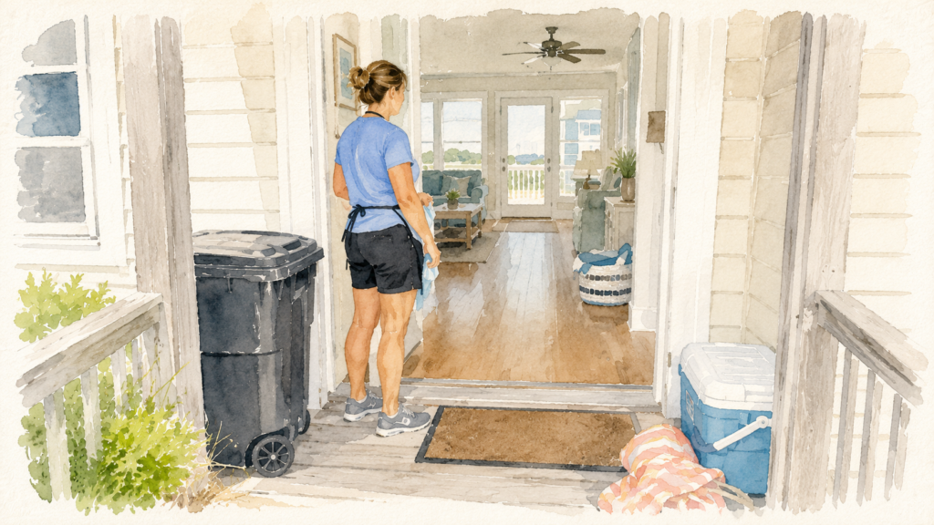 Cleaner doing a final walkthrough at a Kitty Hawk vacation rental before guest arrival