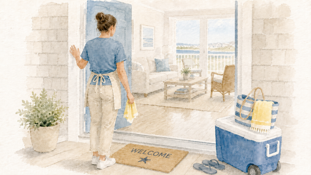 Cleaner doing a final walkthrough of a vacation rental before guest arrival