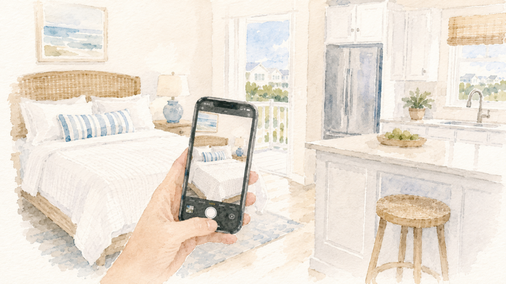 Photo documentation of a clean vacation rental bedroom during the final guest-ready check